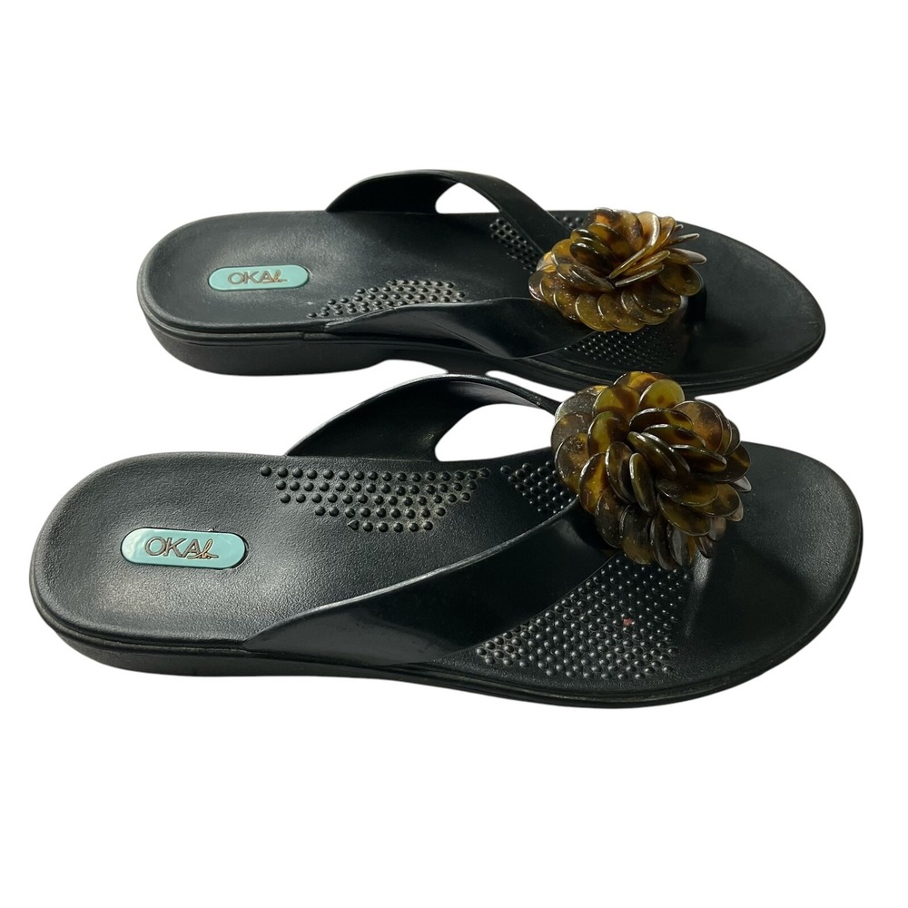 OKAL‎ Black Thong Sandals Flower Accent Women's Size ML